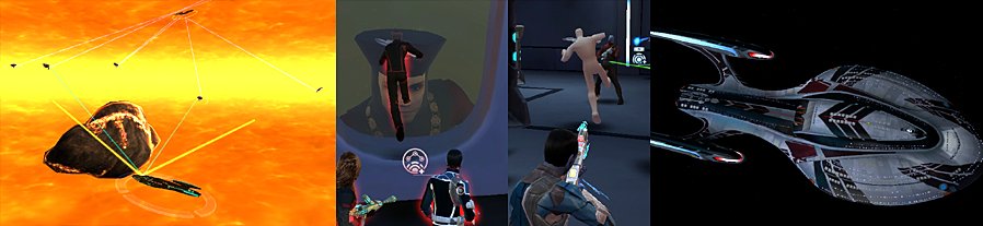 Forming diamonds, Mr. Gallear attempting to kick a giant Q in the face, Mr. Gallear turning into a strange white blob while attacking someone, the U.S.S. Kaloris ready for action.