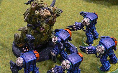 The Nurgle Daemon Prince charges in at the deep striking Terminators
